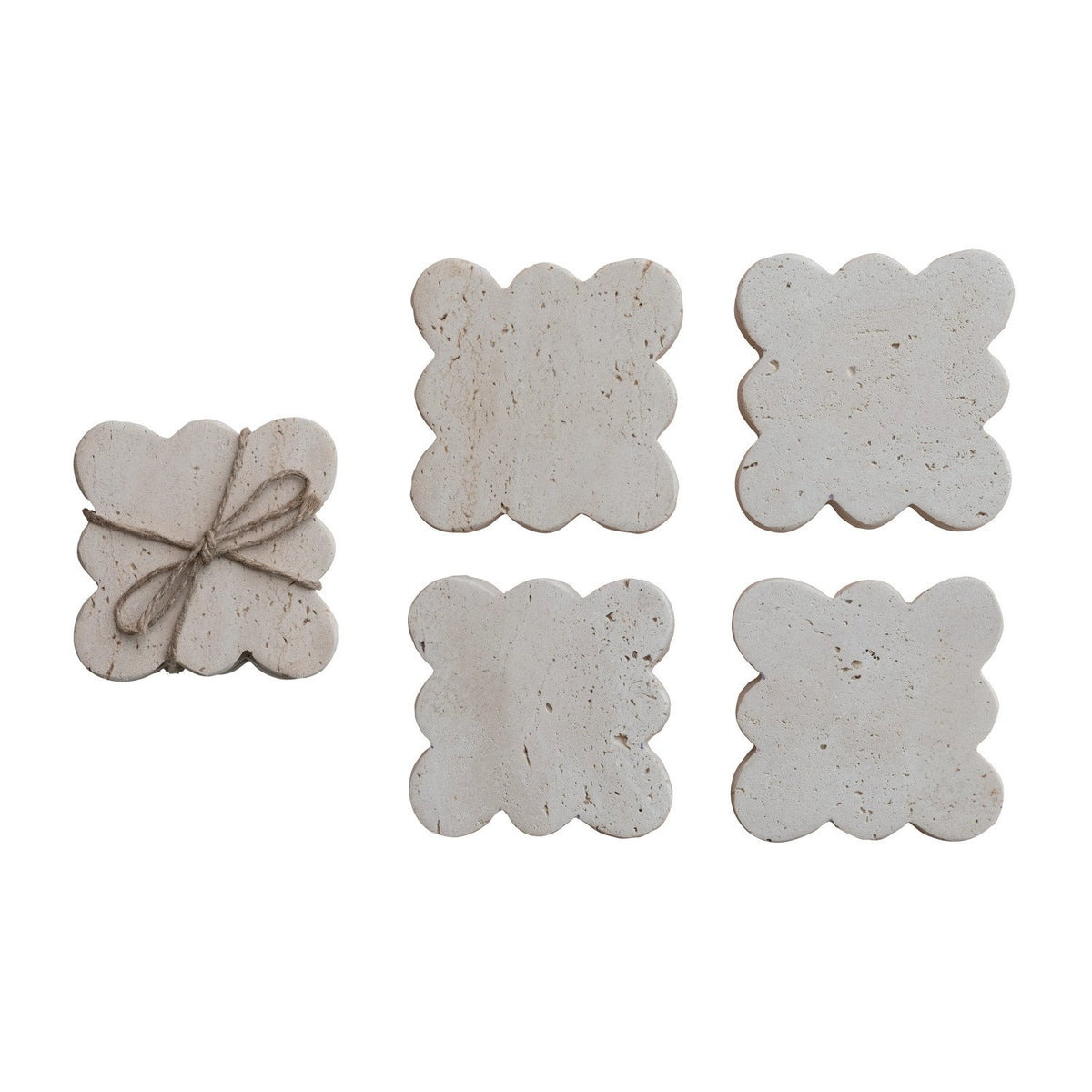 Set of five natural stone Travertine Coaster w/ Scalloped Edge Set with light beige tones, perfect for kitchen or dining decor from Knotty and Board, a thoughtful gift for entertaining.