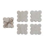 Set of five natural stone Travertine Coaster w/ Scalloped Edge Set with light beige tones, perfect for kitchen or dining decor from Knotty and Board, a thoughtful gift for entertaining. 1