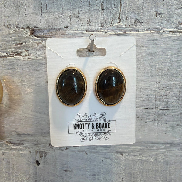 Oval Tiger Eye Stud Earrings