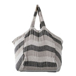 Aubange Handwoven Linen Market Bag, 15.75 in., featuring neutral gray and beige stripes, perfect for stylish shopping and everyday use, available at Knotty and Board. 1
