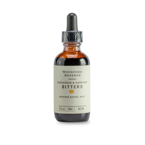 Bourbon Barrel Foods Woodford Sorghum & Sassafras Bitters, 2 oz bottle with dropper, ideal for kitchen and entertaining, available at Knotty and Board, Every Room Needs A Little Knotty and Board.