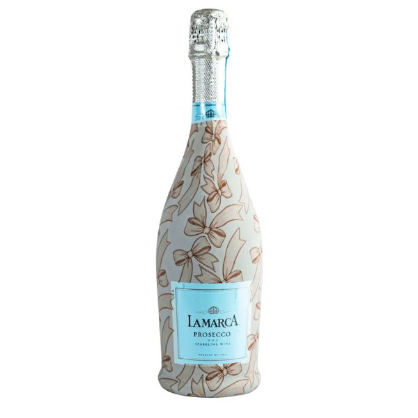 Bottle of LaMarca Prosecco wrapped in beige fabric with bow patterns, part of the Beau Bottles Prosecco Collection, Beige Bows, perfect for decor or gifts from Knotty and Board.