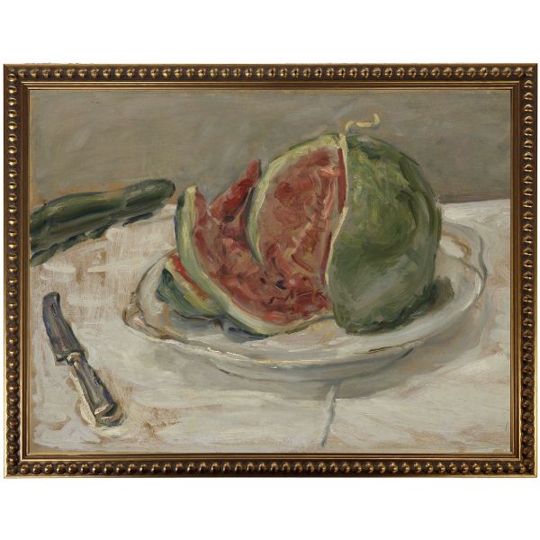 Oil Painting Artwork, Watermelon, 16 X 12 in. depicting sliced watermelon on a white plate with a knife and cucumber on a table, perfect for adding unique decor to kitchen or dining spaces.
