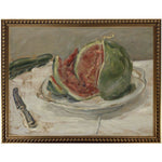 Oil Painting Artwork, Watermelon, 16 X 12 in. depicting sliced watermelon on a white plate with a knife and cucumber on a table, perfect for adding unique decor to kitchen or dining spaces. 1