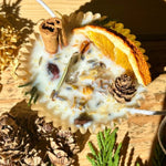 Natural Fire Starter, Fire Side with dried orange slice, cinnamon stick, pine cone, and herbs in wax, surrounded by pine cones and greenery for cozy home decor and gifts. 1