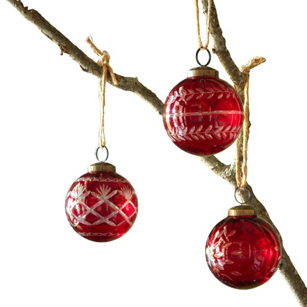 Red Glass Etched Ball Ornament, Assorted Designs, 4 in.