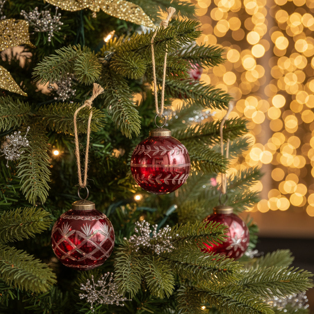 Red Glass Etched Ball Ornament, Assorted Designs, 4 in.