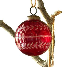 Red Glass Etched Ball Ornament, Assorted Designs, 4 in.