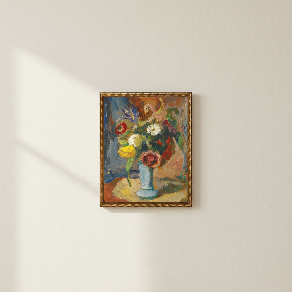 Vintage Oil Painting of Flowers in Vase I, Gold Frame with Beads, 12 X 16 in.