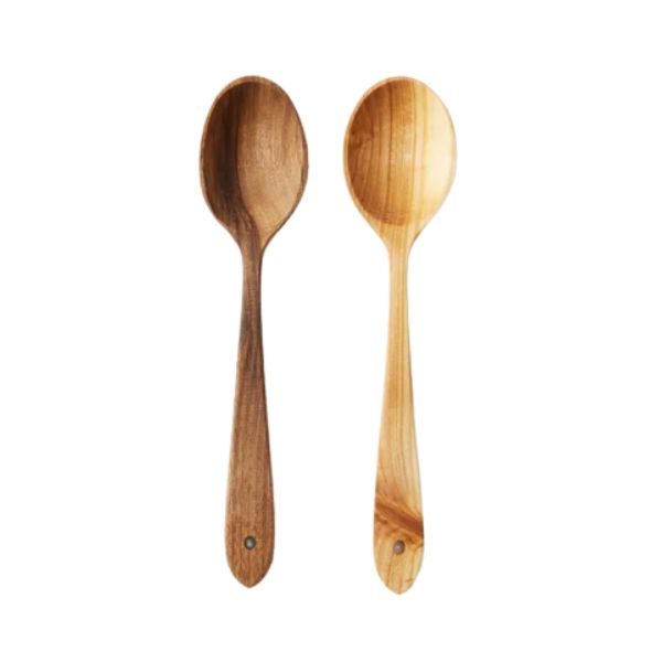 Two wooden serving spoons in natural fruitwood tones, designed for kitchen and dining use, representing the Euro Large Serving Spoon Set, Fruitwood, 11 in., ideal for Knotty and Board decor and gifts.