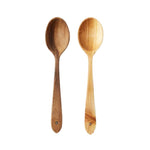 Two wooden serving spoons in natural fruitwood tones, designed for kitchen and dining use, representing the Euro Large Serving Spoon Set, Fruitwood, 11 in., ideal for Knotty and Board decor and gifts. 1