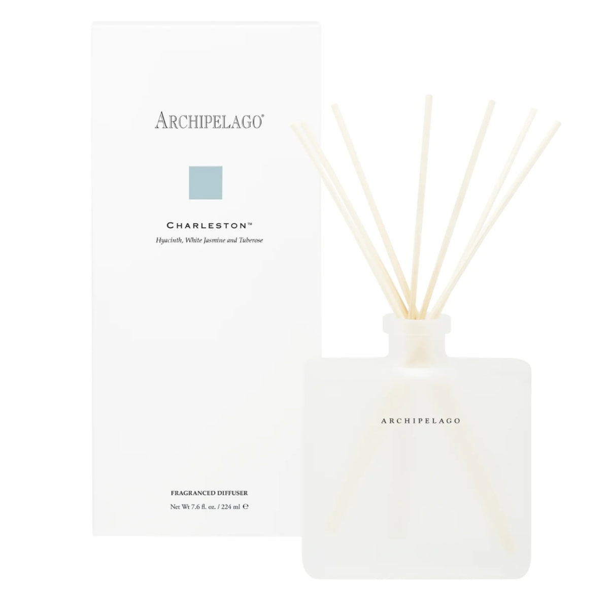 Archipelago Charleston Diffuser, 7.6 oz presented in a frosted glass bottle with natural reed sticks, ideal for adding subtle fragrance and decor to any room, available from Knotty and Board.