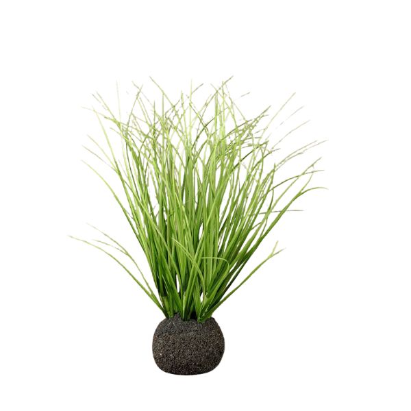 Artificial green wild onion grass in a textured round bulb base, designed as decor for kitchen or dining spaces, Wild Onion Grass Bulb, 10 in. from Knotty and Board.