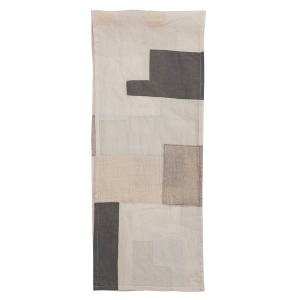 Cotton Patchwork Table Runner 72" featuring neutral beige and gray fabric patches, perfect for adding subtle decor to kitchen or dining spaces, from Knotty and Board.