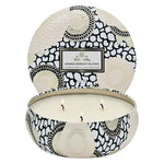 Voluspa Jasmine Midnight Blooms, 3W Tin, 12oz candle featuring a decorative black and white patterned tin with cream floral accents, perfect for home decor and gifts from Knotty and Board. 1