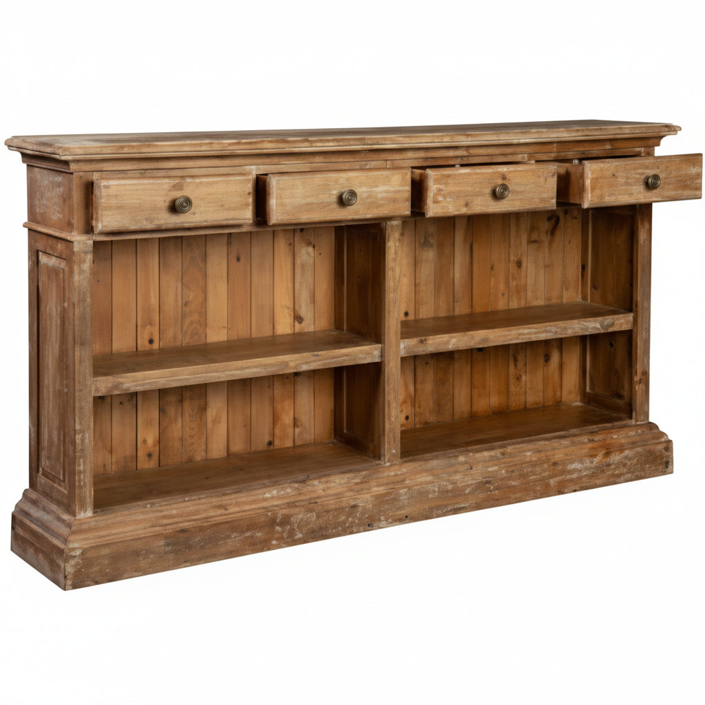 Rustic wooden sideboard or credenza with three drawers on the top, three open shelves, and a distressed brown finish, shown against a plain white background.