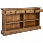 Rustic wooden sideboard or credenza with three drawers on the top, three open shelves, and a distressed brown finish, shown against a plain white background. 2
