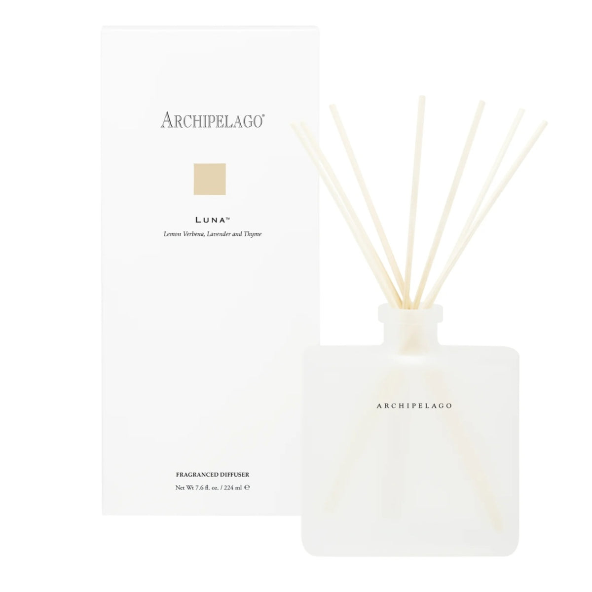 Archipelago Kashmir Diffuser, 7.6 oz with simple white frosted glass bottle and natural reeds, shown alongside elegant minimalistic packaging, perfect for home decor and gifts.