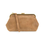 Vivie Frame Lock Convertible Crossbody Wristlet, Tuscan Tan in soft leather with gold-tone frame lock and detachable wrist strap, perfect stylish gift from Knotty and Board. 1