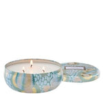 Voluspa California Summers, 3W Tin, 12oz candle lit with three wicks in a decorative light blue patterned tin, perfect for stylish home decor and gift ideas from Knotty and Board. 1