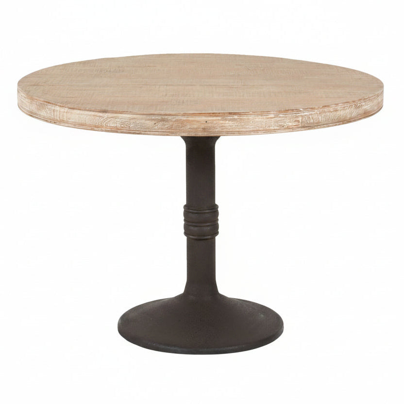 Round dining table with a light natural wood top and a dark metal pedestal base, shown on a plain white background.