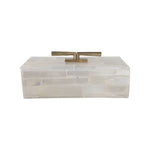 Surrey Selenite Box, 16 in. featuring a sleek rectangular design with a translucent selenite stone body and a modern brass handle, perfect for elegant decor and gifts. 1