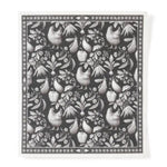 Reusable Dish Cloth, Black & White Gertrude County featuring intricate farm-inspired patterns with chickens, vegetables, and floral elements, perfect kitchen decor from Knotty and Board. 1