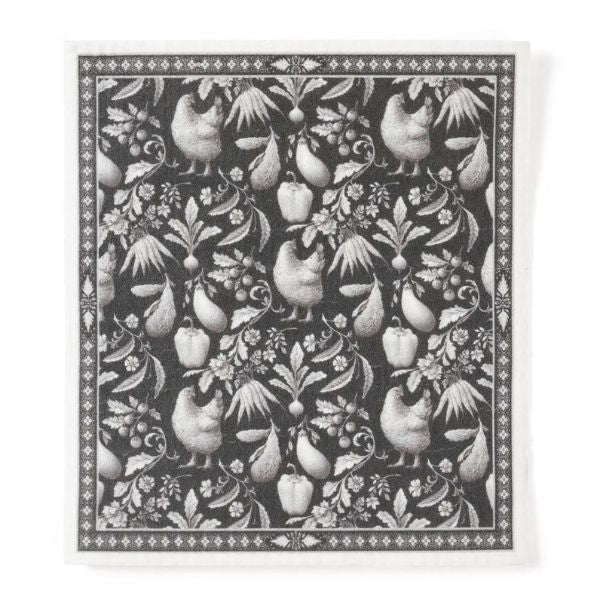Reusable Dish Cloth, Black & White Gertrude County featuring intricate farm-inspired patterns with chickens, vegetables, and floral elements, perfect kitchen decor from Knotty and Board.