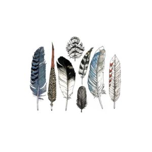 Watercolor Feather Tattoos, Set of 8 featuring a variety of delicate feather designs in soft blues, blacks, and browns, perfect for adding unique decor and gift accents from Knotty and Board.