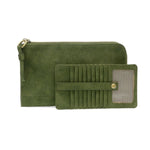 Karina Convertible Wristlet, Faux Suede, Dark Emerald with multiple card slots and a zippered compartment, perfect gift and accessory from Knotty and Board. 1