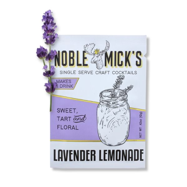 Noble Mick's Single Serve Craft Cocktail, Lavender Lemonade packaging with lavender sprigs, highlighting sweet, tart, and floral flavors, perfect for gifting or entertaining from Knotty and Board.