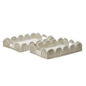 Scalloped Edge White Wicker Tray, Large, 15.5 X 12 in. set with two decorative white wicker trays featuring scalloped edges, perfect for kitchen or dining decor and gifts.