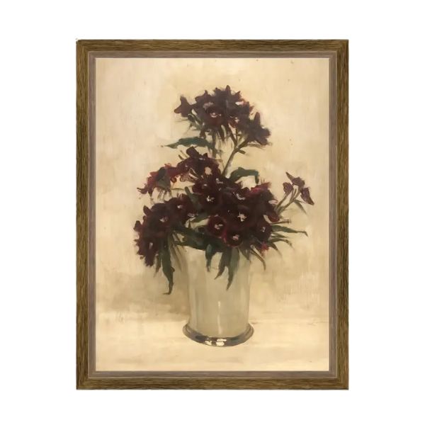 Maroon Flowers Framed Antique Art, 7 X 9 in. features a vintage-style painting of deep maroon flowers in a vase, perfect for adding classic decor charm from Knotty and Board. Every Room Needs A Little Knotty and Board.