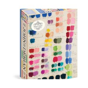 Box of the John Derian Painter's Palette, 1,000-Piece Puzzle featuring colorful paint swatches and handwritten notes, offered by Knotty and Board for unique decor and gifts.