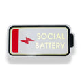 Funny Vinyl Sticker, Low Social Battery featuring a low red battery icon with gold text on white background, a humorous decor gift perfect for Knotty and Board fans.
