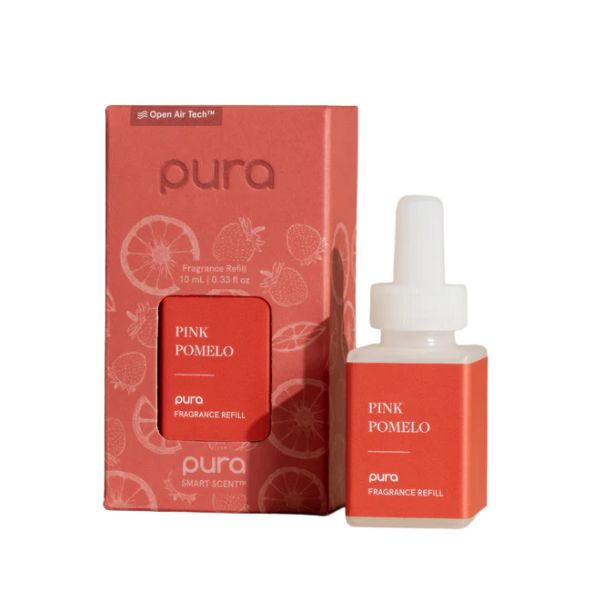 Pura Refill, Pink Pomelo fragrance refill bottle and box in coral pink packaging with citrus design, perfect for home decor and gifts from Knotty and Board.