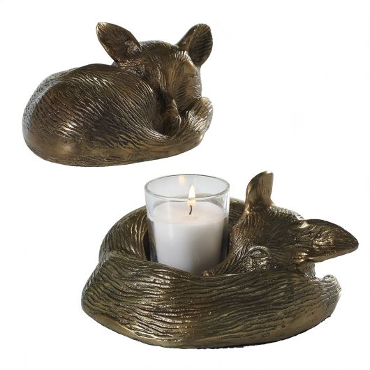 E&E Sleepy Eloise Tealight, 6.5 X 3 in., features a charming bronze-colored sleeping dog design holding a glass tealight candle, perfect for cozy decor and unique gifts.
