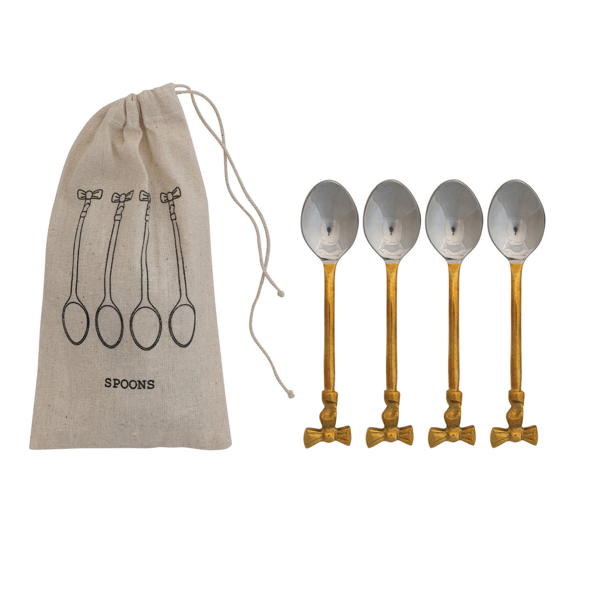 Coffee Spoons with Gold Finish, Set of 4 in Drawstring Bag