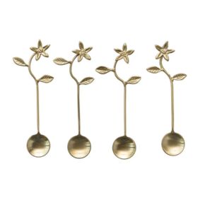Brass Flower Spoon, Set of Four, featuring elegant floral handles in brass, perfect for kitchen and dining decor or unique gift sets from Knotty and Board.