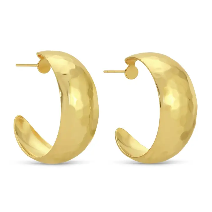 Pair of polished gold Large Rounded Hoops - Gold with a hammered texture, stylish jewelry perfect as gifts or elegant accents for dining and entertaining by Knotty and Board.