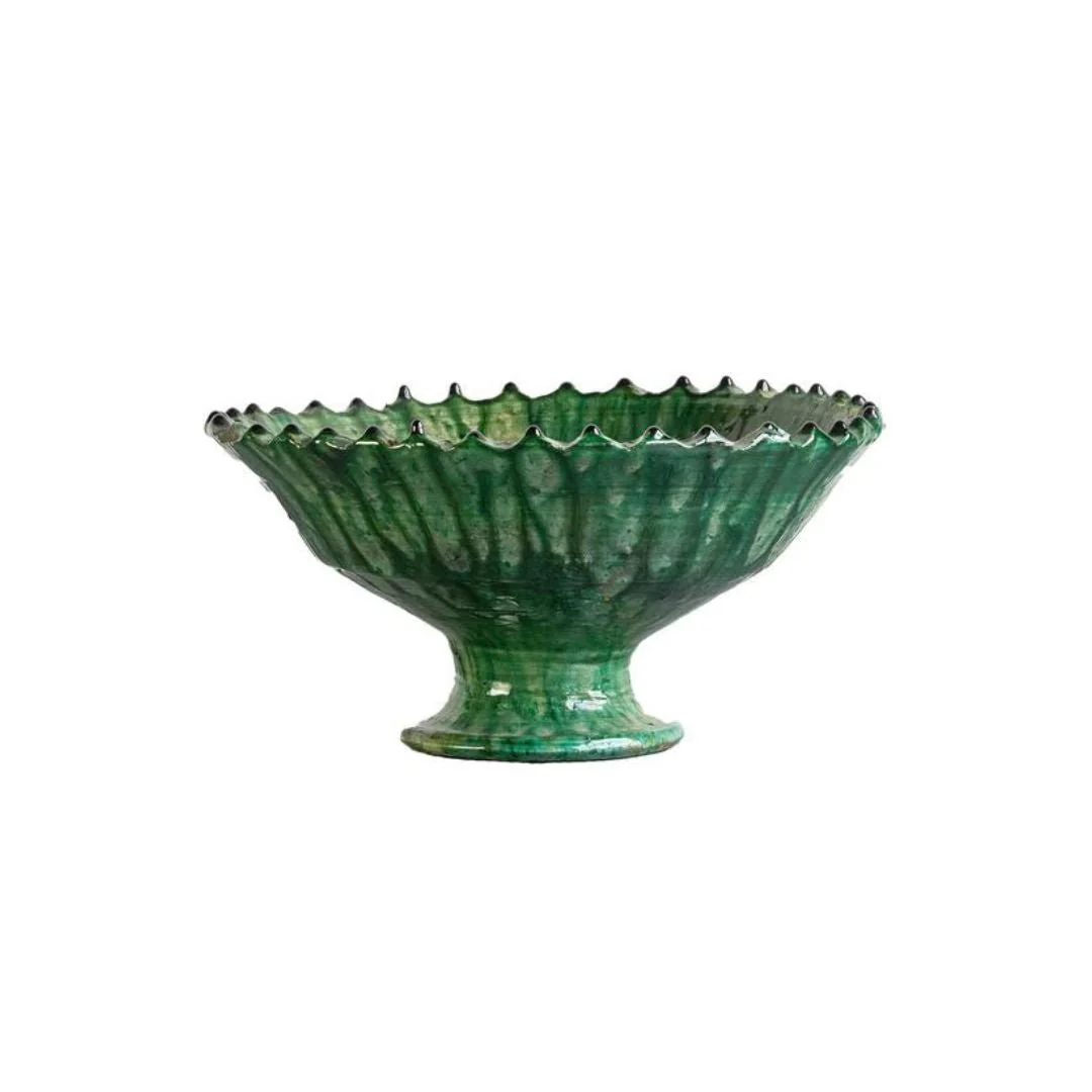 Tamegroute Compote Bowl, Green, Medium with a textured glossy finish and scalloped edge, perfect for kitchen decor, dining, or gifting from Knotty and Board.