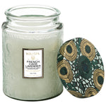 Voluspa French Cade Large Jar Candle, 18 oz with embossed glass jar and decorative floral lid, perfect for elegant home decor and thoughtful gifts from Knotty and Board. 2
