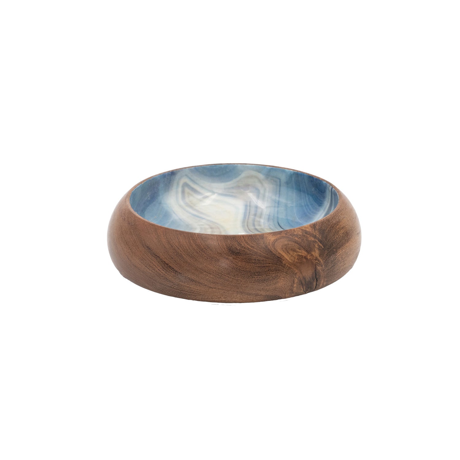 Acacia Wood Bowl with Marbled Blue Interior, 6"Rnd featuring a smooth wooden exterior and a striking marbled blue interior, perfect for kitchen decor or unique gifts from Knotty and Board. Every Room Needs A Little Knotty and Board.