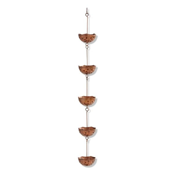Umbrella Rain Chain, Antique Gold, 102 x 6.5 x 4.4 in hanging decorative rain chain with umbrella-shaped cups in antique gold finish, perfect for outdoor decor gifts from Knotty and Board. Every Room Needs A Little Knotty and Board.