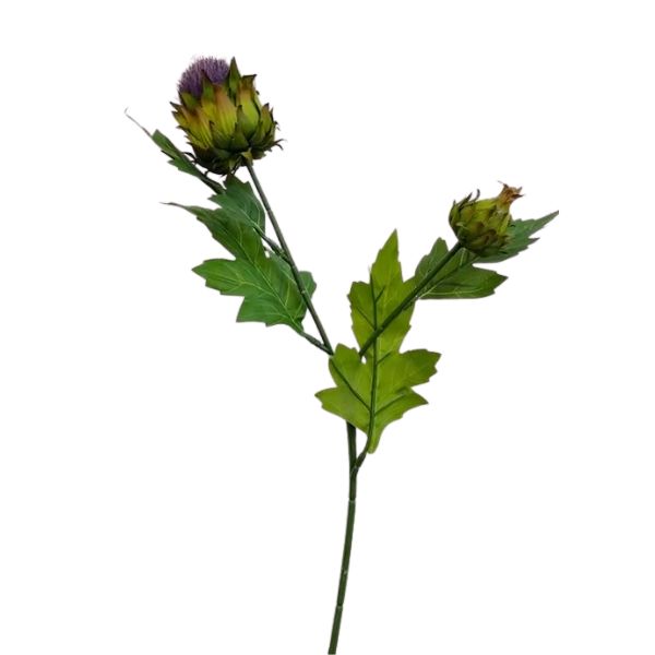 Thistle 2-Bud Stem, 19.5 in., Purple artificial floral decor with green leaves, perfect for adding a natural touch to dining and entertaining spaces from Knotty and Board.