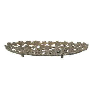 Flower Tray with Cut-Outs, Antique Gold Finish, 17.5 X 10 in., decorative metal tray featuring floral cut-out designs perfect for kitchen or dining decor and thoughtful gifts from Knotty and Board.