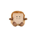 Soft plush toy shaped like a smiling slice of bread with brown crust and arms, designed as the Warmie Bread, perfect for cozy decor or gifts. 1