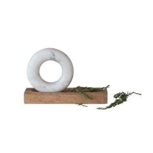 Mango Wood Mortar with Marble Ring Shaped Pestle, Natural & White, 11 in., elegant kitchen decor and tool for grinding herbs, perfect for dining and entertaining with a natural touch.