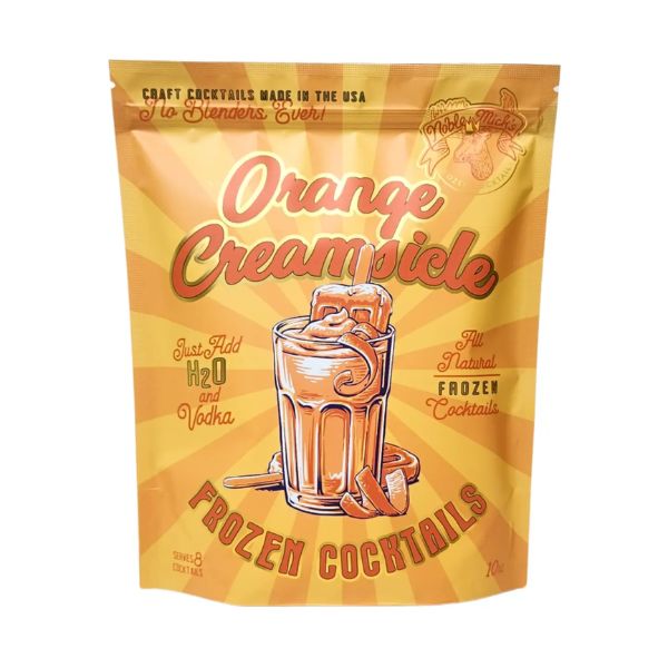 Noble Mick's Frozen Cocktails, Orange Creamsicle pouch with vintage-style orange and yellow design featuring a creamy frozen cocktail illustration, perfect for gifting and entertaining.