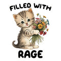 Funny Vintage Sticker Decal, Filled with Rage featuring a cute cartoon kitten holding a colorful bouquet of flowers with playful text around it, perfect for decor and gifts from Knotty and Board.